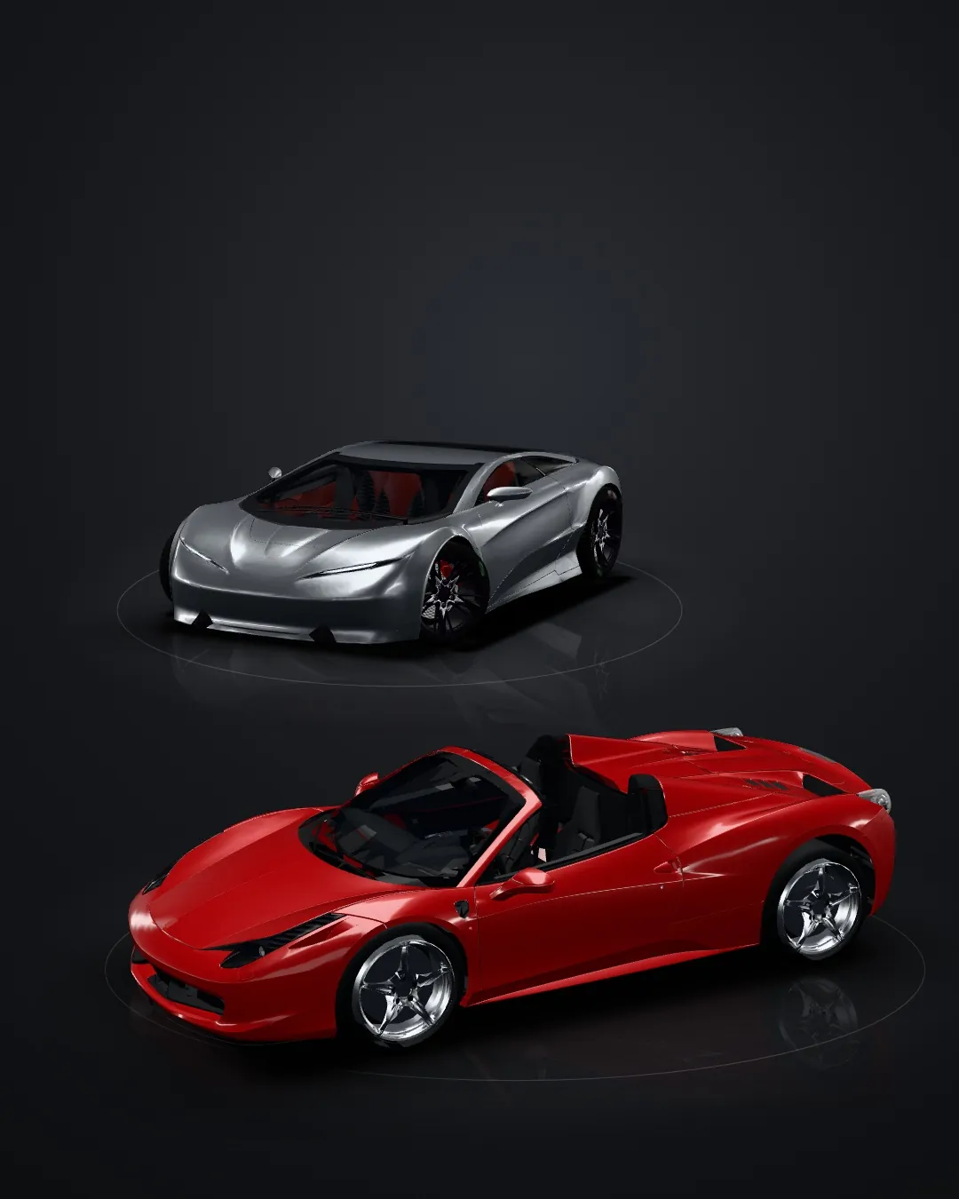 A dark studio with two cars on turntables under soft overhead light: a silver concept coupé behind a red Ferrari 458 Spider, rendered for this demo.